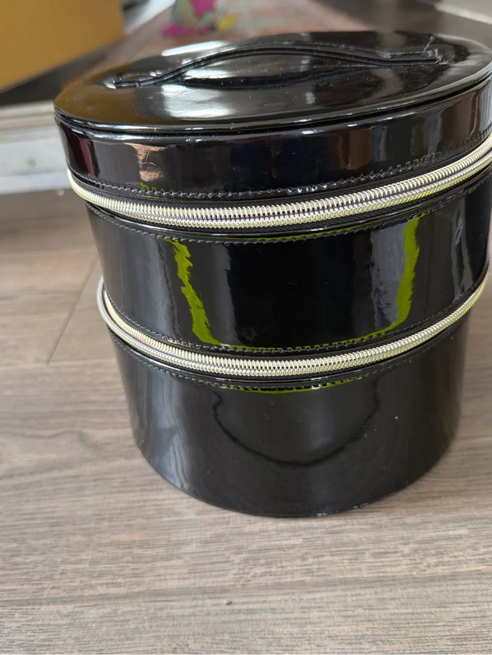 Lancôme Black Patent Round Jewelry/ Makeup Case with Silver Zippers 2 tier